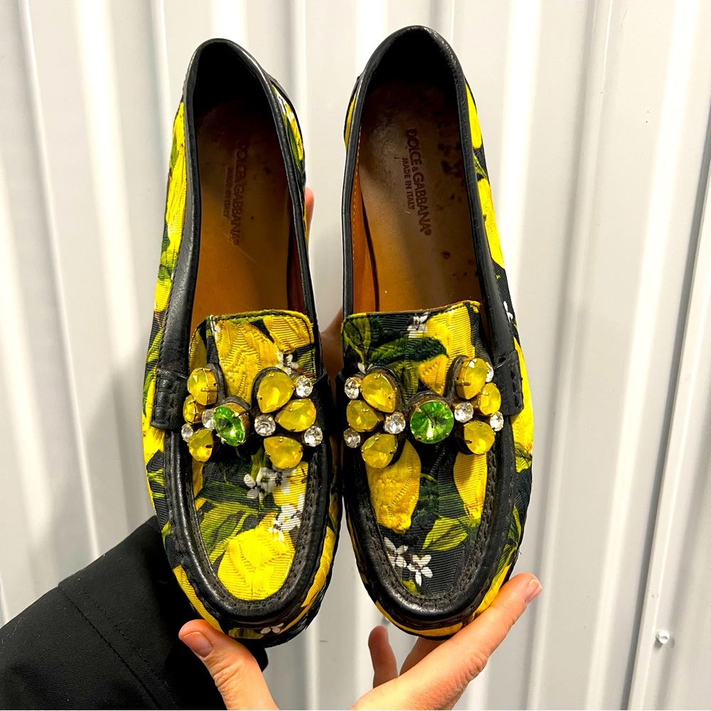 Dolce and Gabbana Yellow/Black Lemon Print Loafers